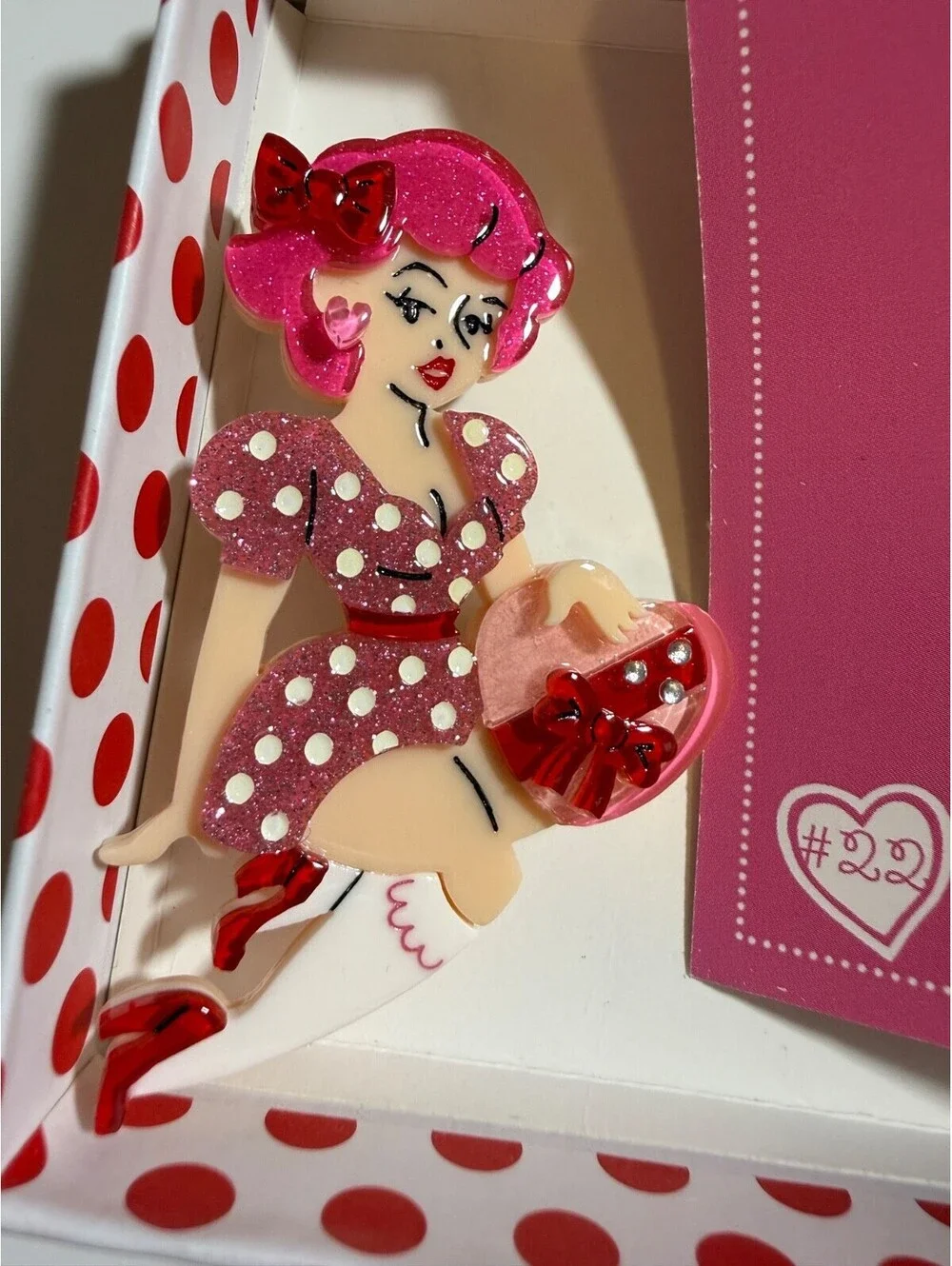 Kandi Heart Valentine Brooch Lipstick & Chrome Pinup Girl Valentine's Love Pin